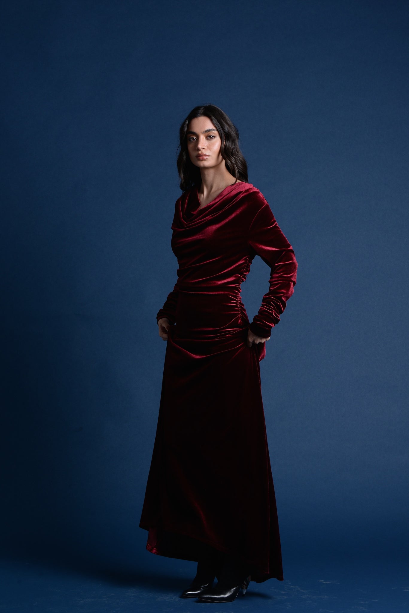 burgundy velvet ruched dress Honey Couture SIBYLLE Burgundy Silky Mermaid Formal Dress