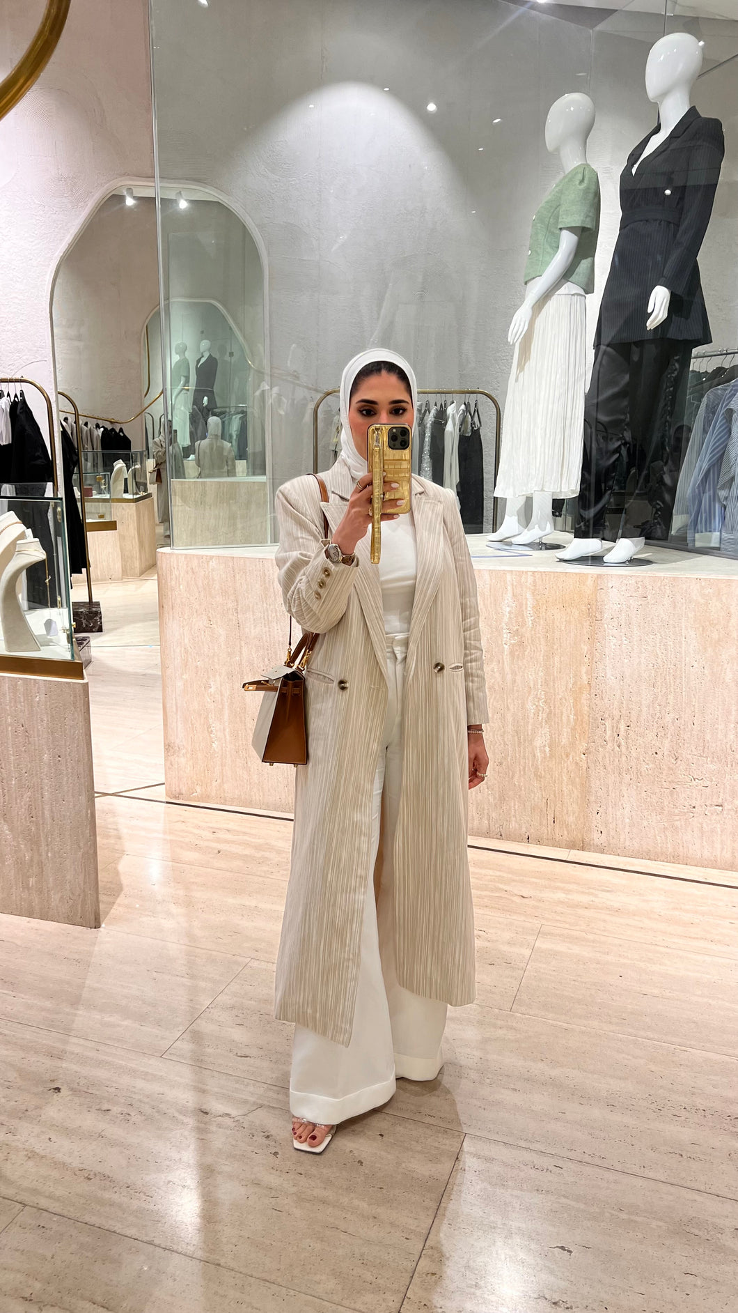 Beige Pinstripe Long Line Blazer